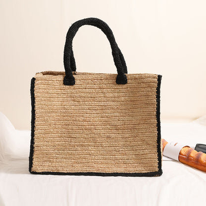 Raffia Square Straw Bag Black Edge Large Capacity Woven Tote Vacation Beach Bag Women Bag - Wanita Store