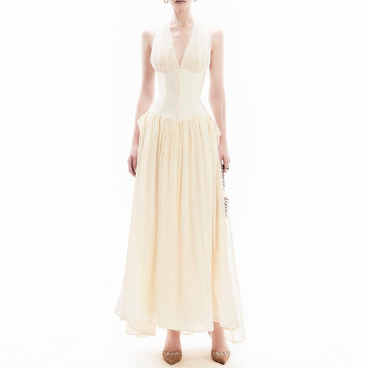 Elegant Maxi Dress Summer Embroidery Hollow Out Cutout out Mesh Stitching Waist Hanging Neck Dress