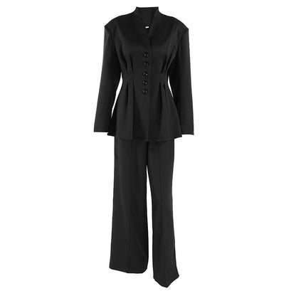 Women Clothing Fall Black High Grade Long Sleeved V neck Pleated Waist Tight Blazer Trousers Two Piece Set - Wanita Store