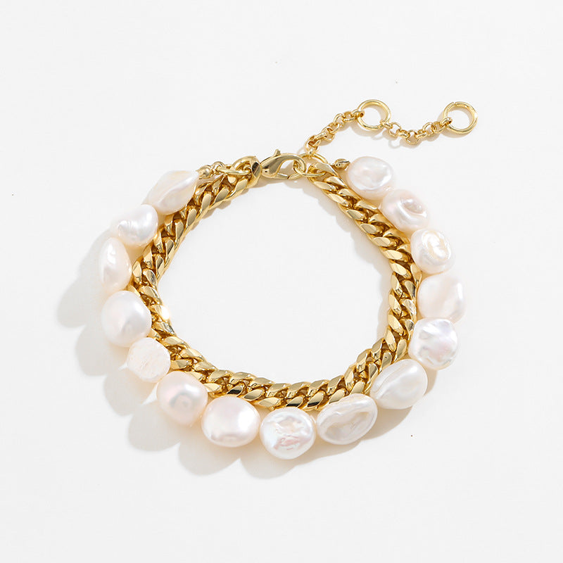 Natural Pearl Double Row Stacked Bracelet Simple Diamond Lock Set Bracelet - Wanita Store