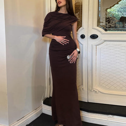 Women Clothing Summer Oblique Shoulder Design Skinny Sheath Pleated Irregular Asymmetric Dress - Wanita Store