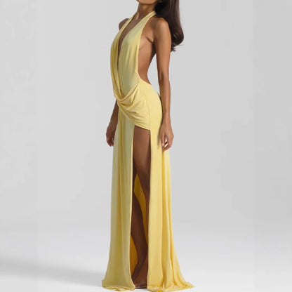 Women Deep V Plunge neck Lace up Backless Sexy Streamers Dress Sexy Maxi Dress - Wanita Store