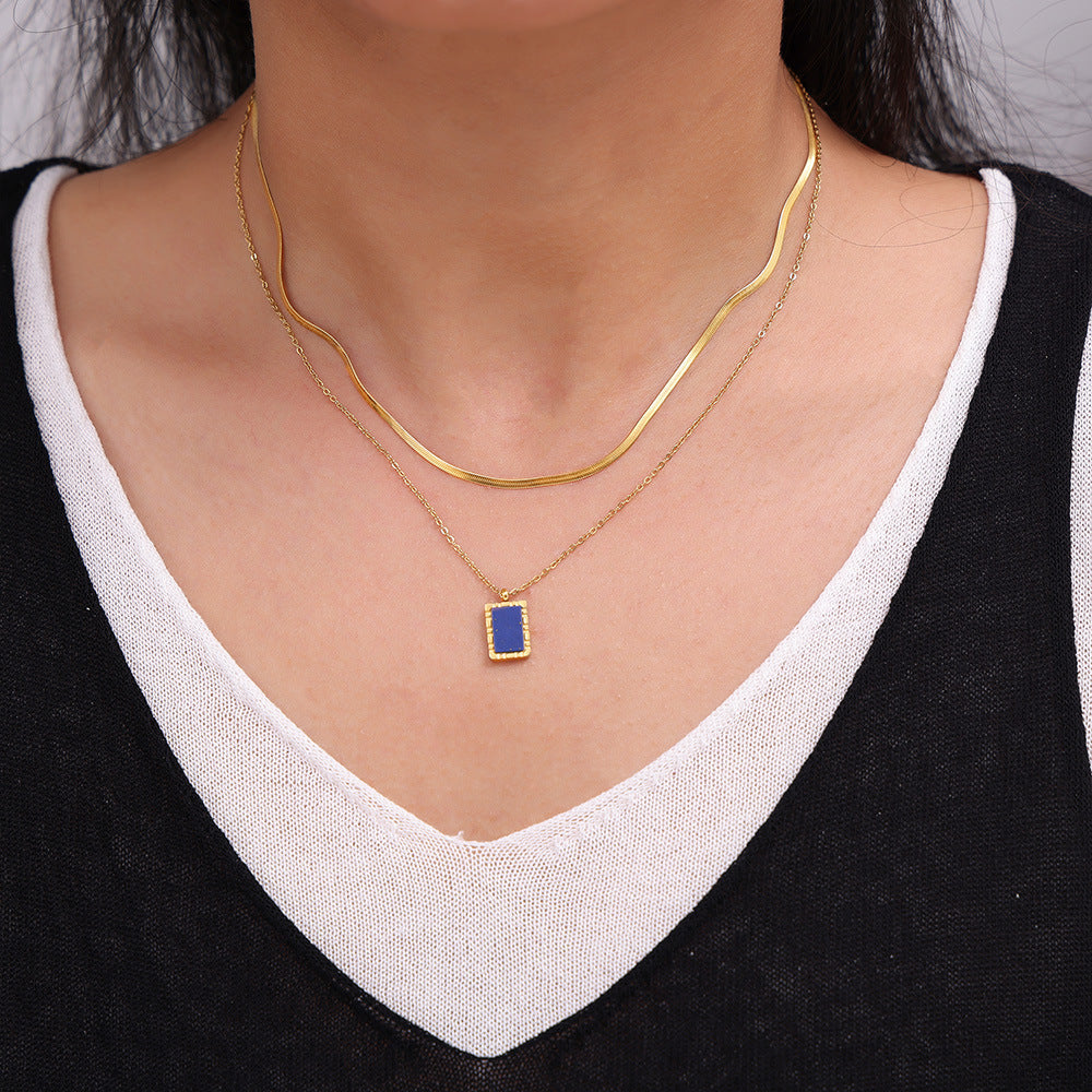 Natural Blue Lapis Lazuli Geometric Abstract Square Plate Clavicle Chain Titanium Steel Plated 18K Gold Stacked Necklace for Women - Wanita Store