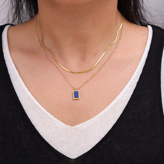 Natural Blue Lapis Lazuli Geometric Abstract Square Plate Clavicle Chain Titanium Steel Plated 18K Gold Stacked Necklace for Women - Wanita Store