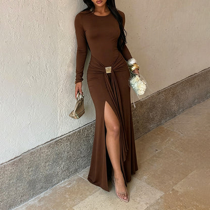 Vestido formal sexy ajustado con abertura y control de cintura, con cordones, hebilla metálica y manga larga