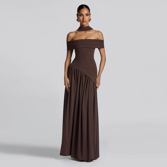 Autumn Women Clothing Sexy Backless Slim Fit Solid Color Scarf Collar Split off Shoulder Dress