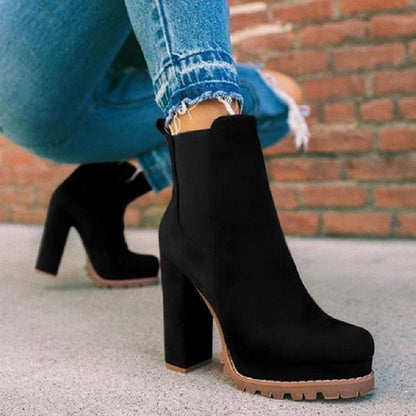 Round Head Leopard Print Chunky Heel Short Knight Boots Women High Heel Elastic Band Sleeve Suede Boots - Wanita Store