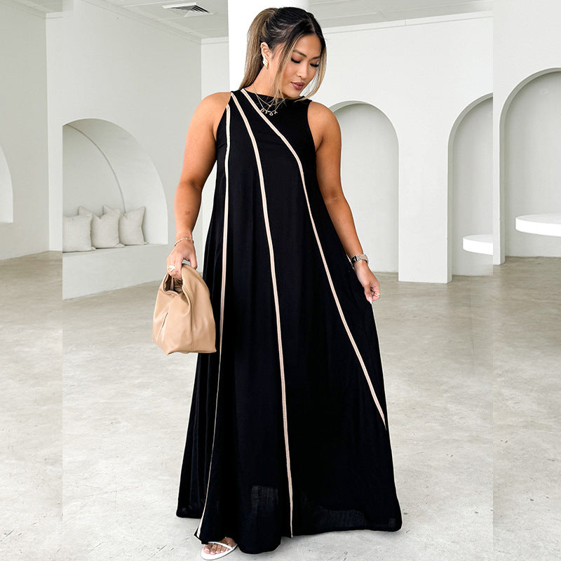 Women Clothing Solid Color Patchwork Stripes Simple Sleeveless Loose Dress Women