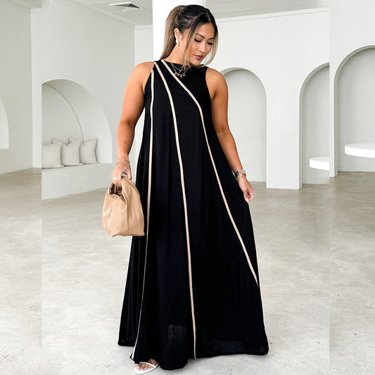 Women Clothing Solid Color Patchwork Stripes Simple Sleeveless Loose Dress Women