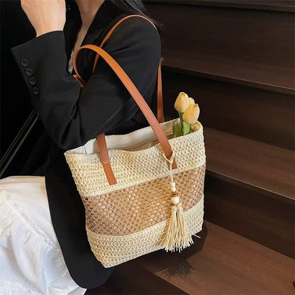 One Shoulder Hollow Out Cutout out Straw Bag Tassel Woven Bag Vacation Beach Bag Contrast Color Straw Bag - Wanita Store