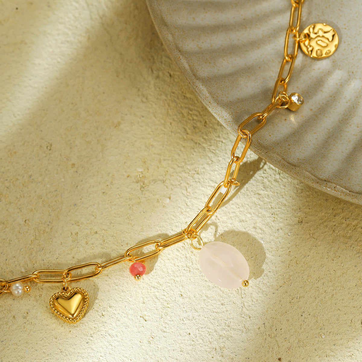 Natural Stone Beaded Pearl Stainless Steel Necklace Women Light Luxury Trendy All Match High Grade Titanium Steel Embellished - Wanita Store