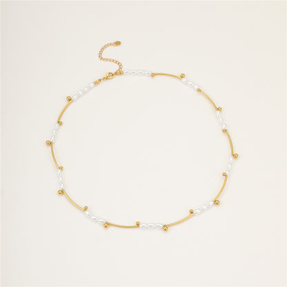 French Hepburn Advanced Baroque Imitation Pearl Necklace Batch Floral Tube Spacer Beads 18K Real Gold Stainless Steel Clavicle Chain - Wanita Store