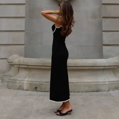 Sexy Sleeveless Sling Slim Fit All Matching Sheath Long Black White Contrasting Color Dress - Wanita Store