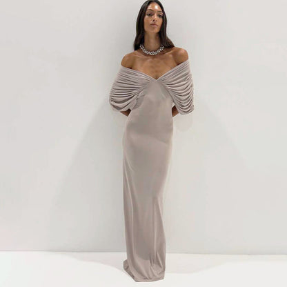 Ropa de mujer de primavera, sexy, hombros descubiertos, manga delgada, color sólido, vestido maxi para mujer