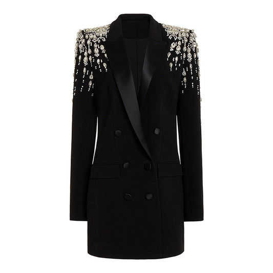 Star Handmade Gorgeous Heavy Industry Beads Diamond Embedded Slim Fit Long Blazer