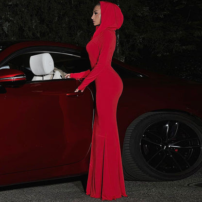 Women Clothing Autumn Solid Color Slim Fit Hood Long Sleeve Dress - Wanita Store