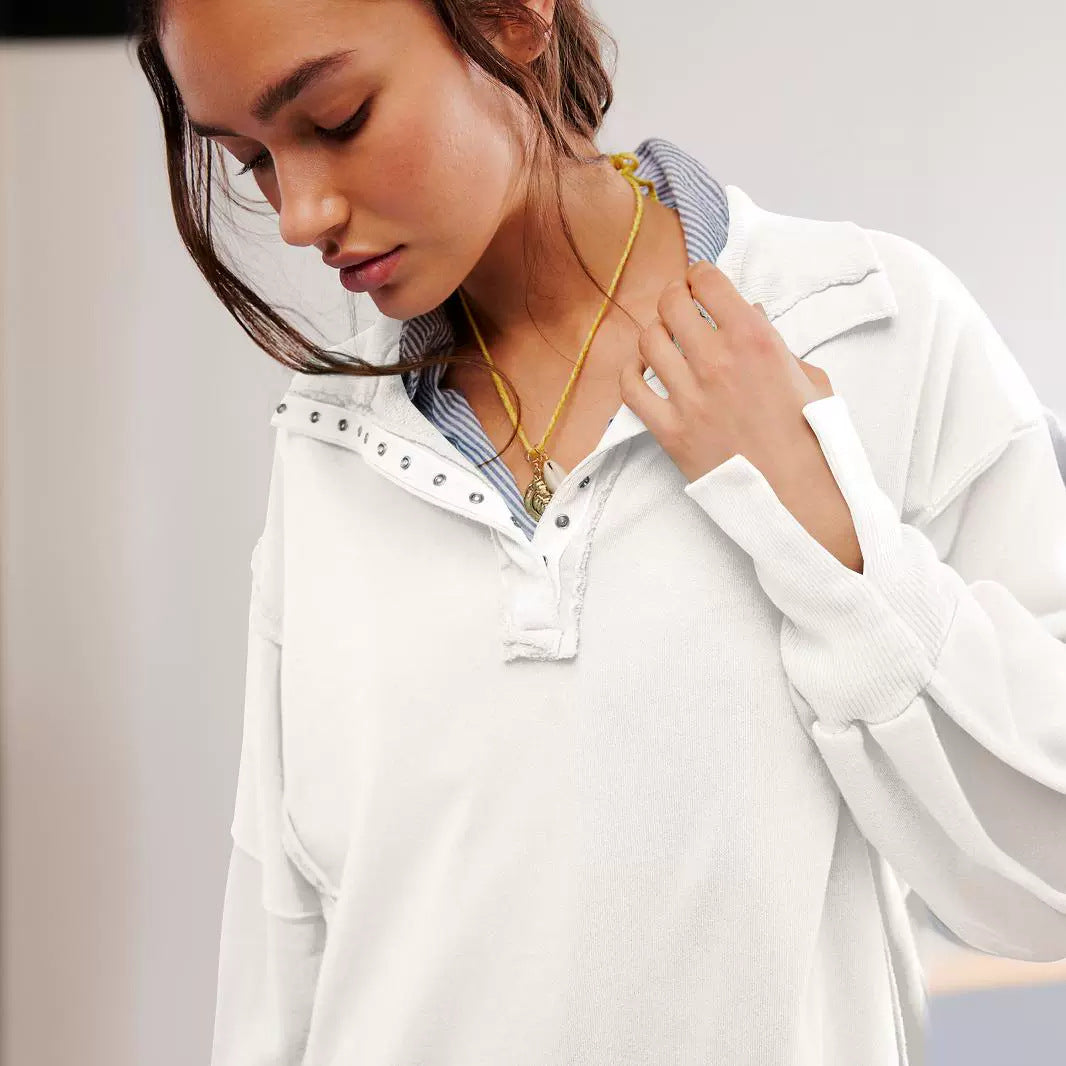 Decorative Moulding Design Blouse Split Lantern Sleeve Polo Collar Sweatshirt Coat for Women Spring Autumn