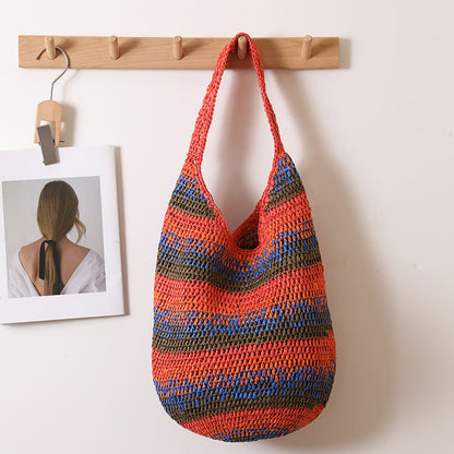 Color Shoulder Straw Bag Casual Large Capacity Woven Bag Seaside Vacation Beach Bag All Matching Straw Bag - Wanita Store