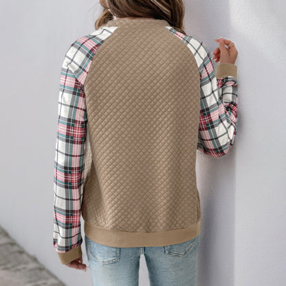 Casual Retro Cardigan Zipper Plaid Stitching Diamond Patterns Fabric Sweatshirts - Wanita Store