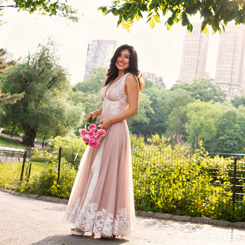 Elegant Lady Maxi Dress Summer Lace Waist High Grade Slim Dress Women