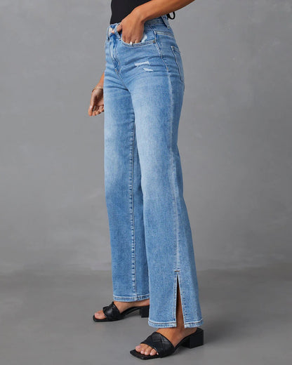 Split Jeans Women High Waist Split Straight Stretch Jeans - Wanita Store