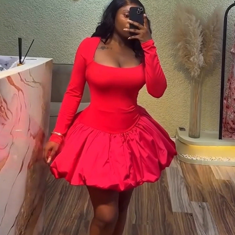 Women Clothing Summer Square Collar Solid Color Long Sleeve Slim Fit Bud Dress