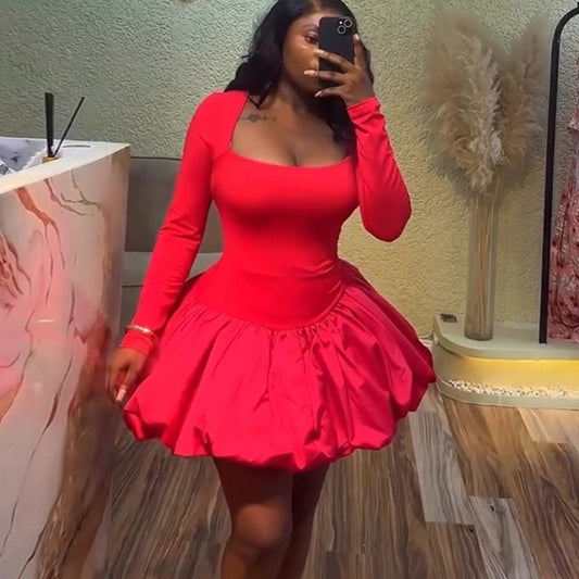 Women Clothing Summer Square Collar Solid Color Long Sleeve Slim Fit Bud Dress