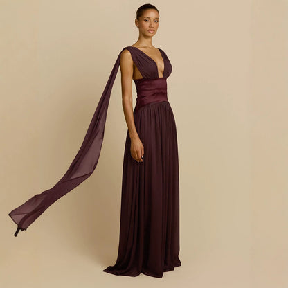 Vestido rojo vino para mujer, de verano, sin mangas, con escote pronunciado en V, ajustado, cintura alta, de chifón drapeado, para cena