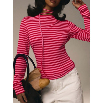 Bonte Primavera Verano Tipo Elegante Delgado Rayas Elástico Cuello Redondo Manga Larga Top Mujer