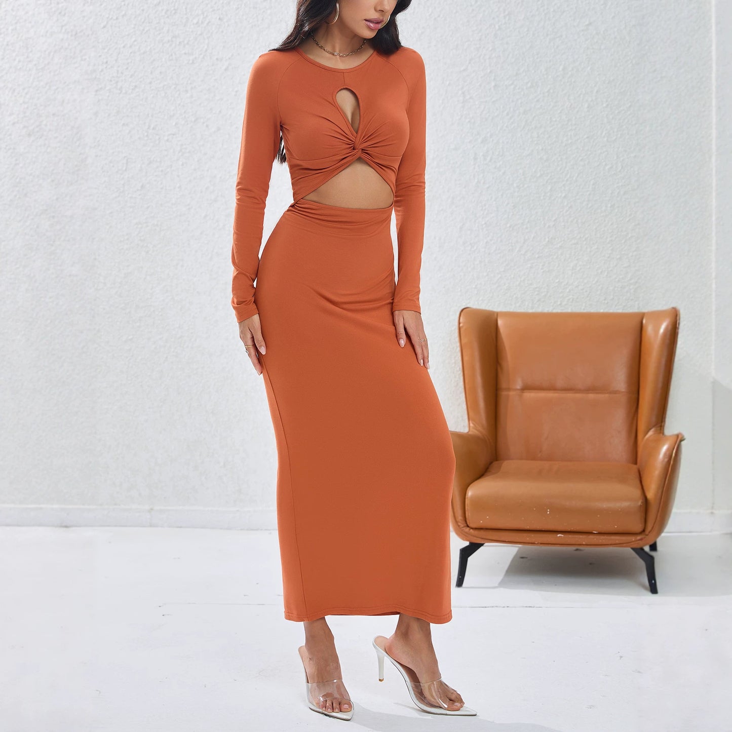 Twist Long Sleeved Dress round Neck Hollow Out Cutout Design Slim Slimming Sexy Dress
