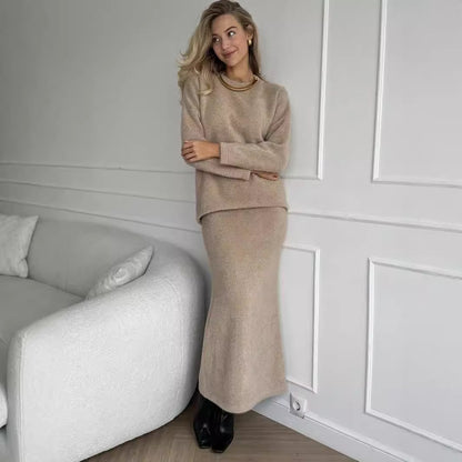 Autumn Winter Elegant Soft Thickened Round Neck Sweater Fishtail Skirt Two Piece Set Women Office Lady Top Skirt Set - Wanita Store