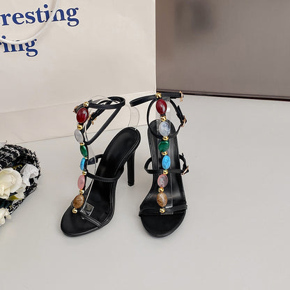 Summer 11cm Stiletto Heels Pearl Open Toe Ankle Strap Buckle Sandals Women Sexy - Wanita Store