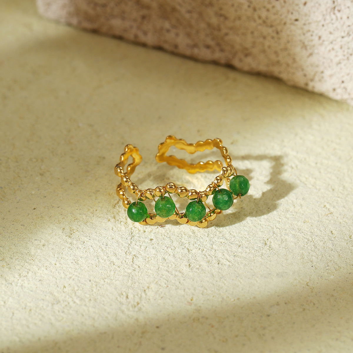 Wizard of Oz Green Natural Stone Beaded Titanium Steel Ring Women Minority Design High Grade Stainless Steel Ring - Wanita Store