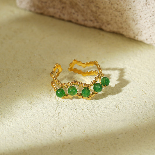 Wizard of Oz Green Natural Stone Beaded Titanium Steel Ring Women Minority Design High Grade Stainless Steel Ring - Wanita Store