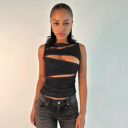 Summer Women Clothing Sexy Cutout Imitation Denim Vest Top for Women
