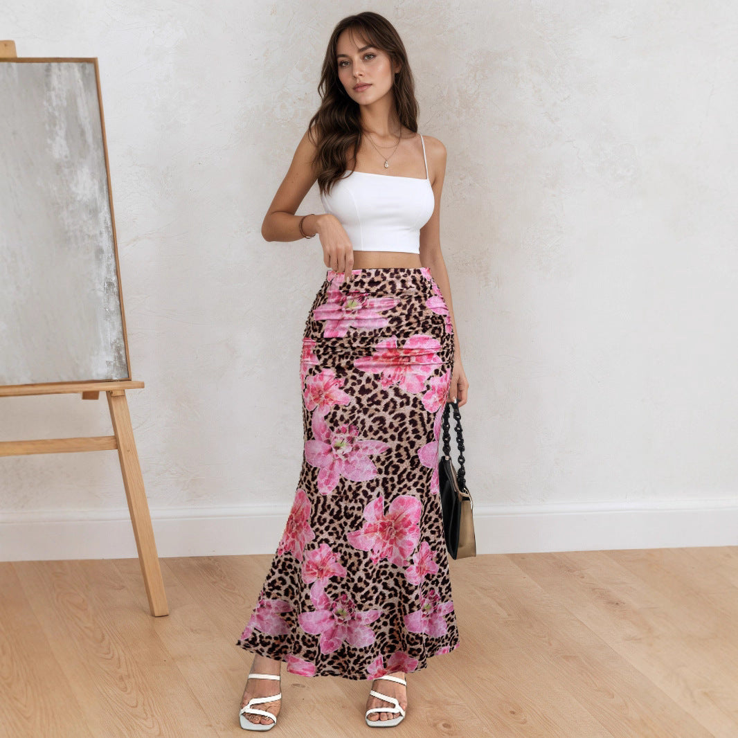 Women Summer Leopard Print Sexy Slim Maxi Skirt