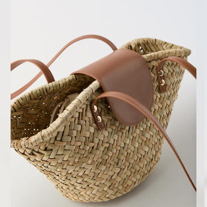 Natural Grass Shoulder Straw Bag Faux Leather Stitching Woven Bag Vacation Beach Bag All Match Rattan Weave Bag - Wanita Store