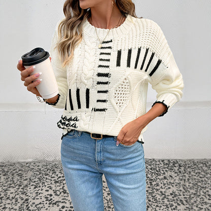 Autumn Winter Retro round Neck Long Sleeve Striped Contrast Color Sweater Women - Wanita Store