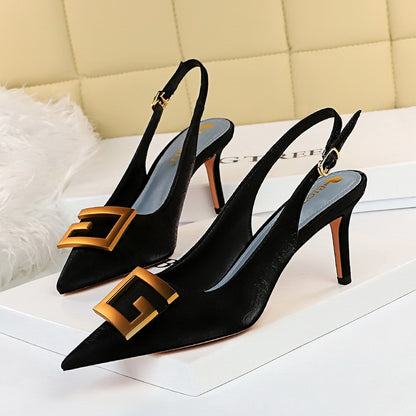 Women Shoes Stiletto Heel Shallow Mouth Pointed Toe Hollowed Back Strap Metal Square Buckle Pumps - Wanita Store