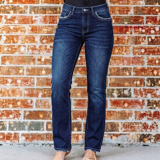 High Waist Wash Stretch Slim Fit Pants Wool Tassel Pocket Slimming Flared Frayed Hem Denim Trousers for Women