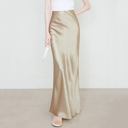 Women Clothing Summer Satin Skirt High Waist Elastic Hand-Held Pattern Long Skirt Elegant Solid Color Long Skirt - Wanita Store