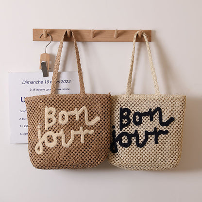 Letter Graphic Embroidery Woven Bag All Match Shoulder Hollow Out Cutout Straw Bag Vacation Beach Bag Women Bag - Wanita Store