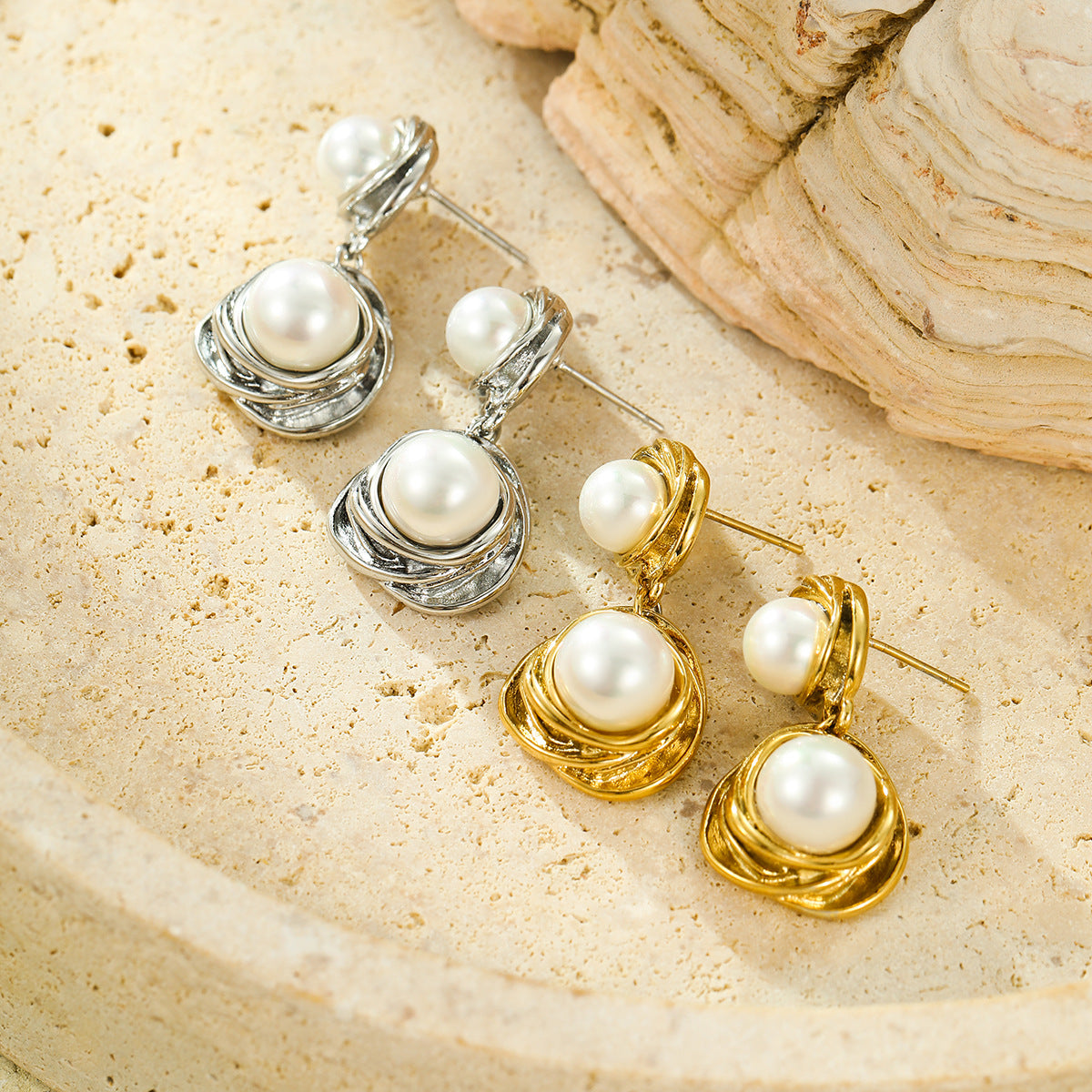 Retro Easy Matching High Grade round Winding Pearl Embellished Stainless Steel 18K Gold Plating Stud Earrings Women - Wanita Store