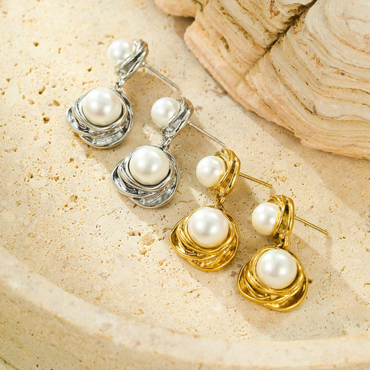 Retro Easy Matching High Grade round Winding Pearl Embellished Stainless Steel 18K Gold Plating Stud Earrings Women - Wanita Store