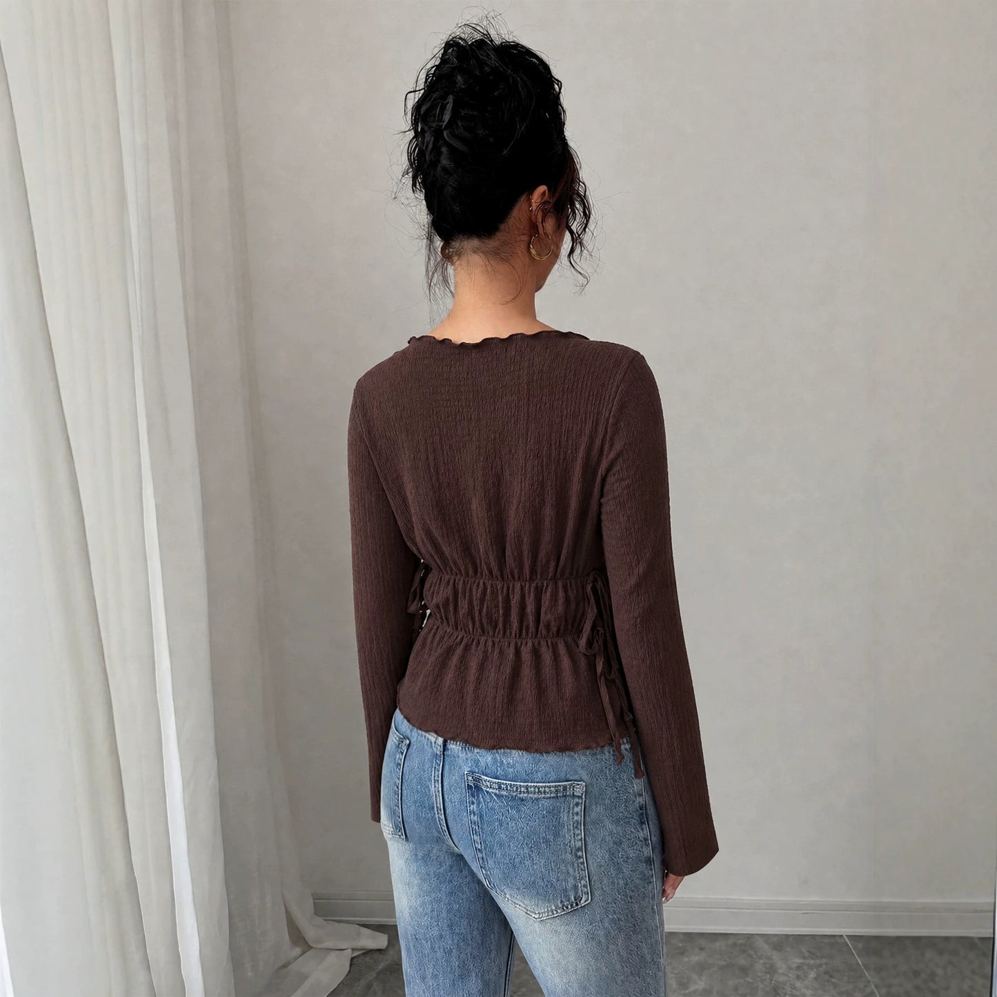 Autumn Winter Elegant Texture off Shoulder Top Women Waist Tight Slimming Flounce Long Sleeve T shirt