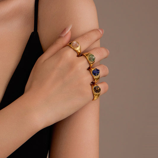All Match High Grade Stainless Steel round Inlaid Natural Stone Non Fading Women Ring - Wanita Store