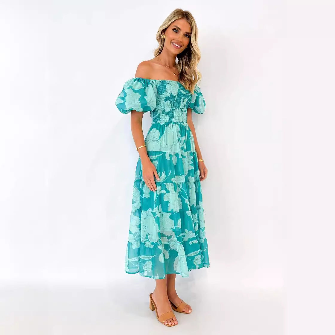 Summer Women Clothing off Neck Chiffon Puff Sleeve Layered Waist Trimming Printing Dress