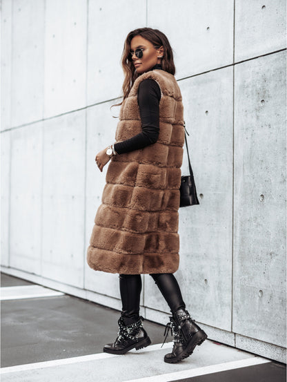 Women Clothing Autumn Winter round Neck Fur Vests Long Vest Coat - Wanita Store