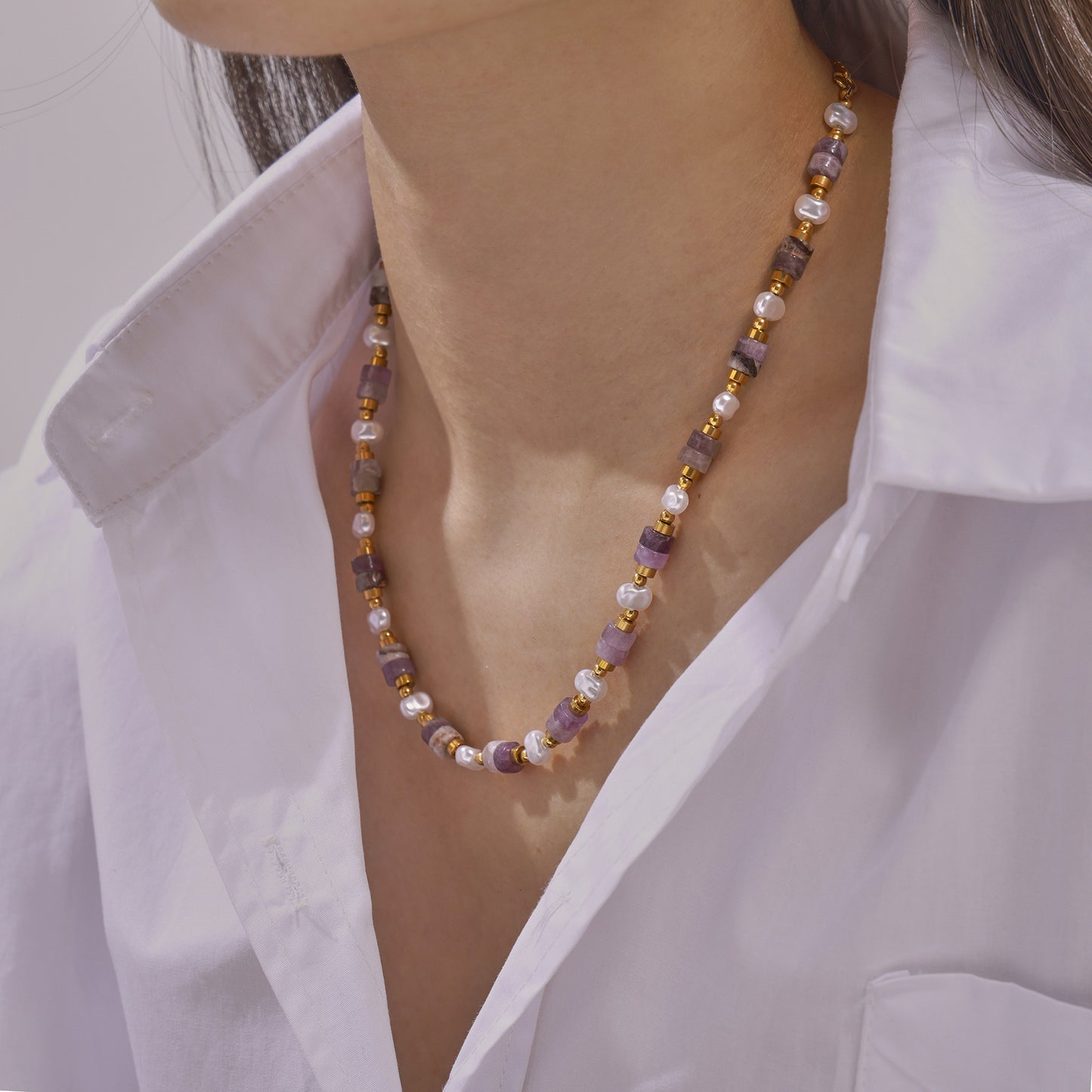 Simple Personality Elegant Gentle Shell Pearls Amethyst Handmade Beaded Design Titanium Steel Gold Plated Necklace - Wanita Store