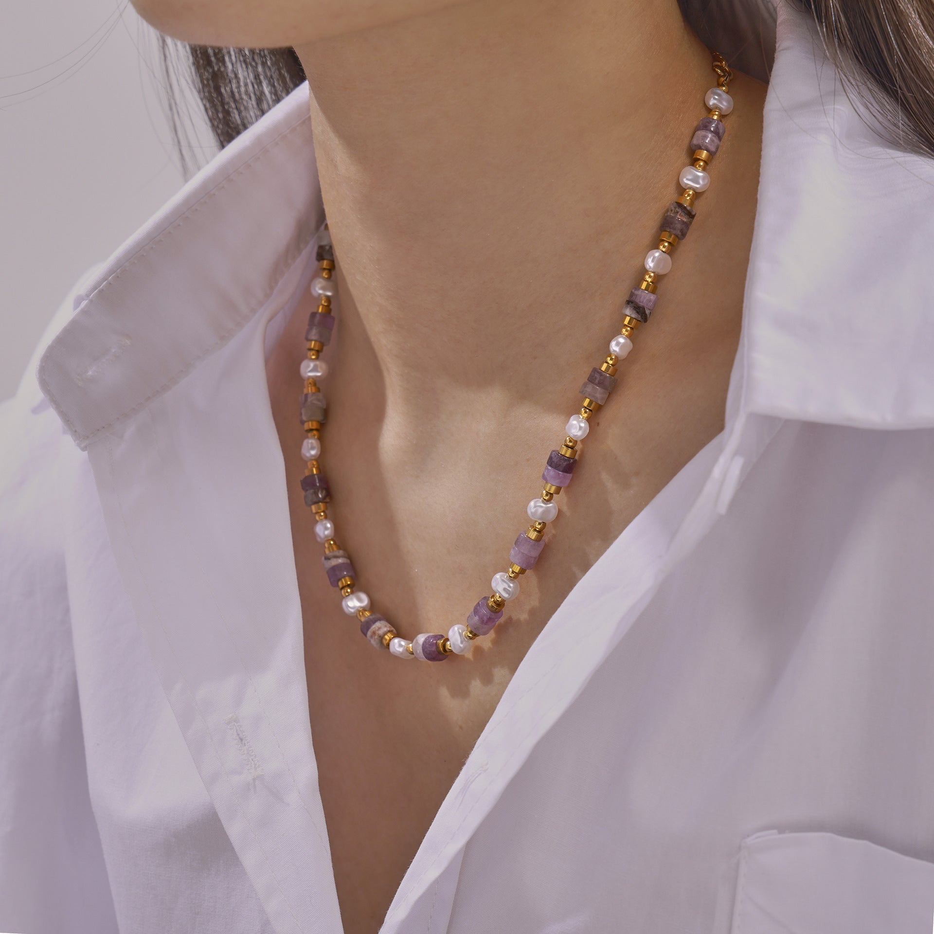 Simple Personality Elegant Gentle Shell Pearls Amethyst Handmade Beaded Design Titanium Steel Gold Plated Necklace - Wanita Store